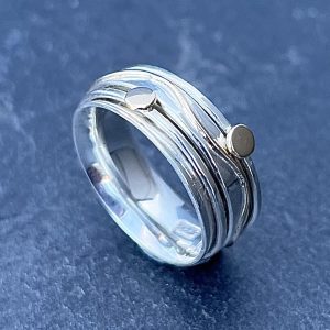 Gold Wave Spinner Ring, silver and gold spinner ring, silver spinner ring, mixed metals spinner ring, spin ring, wide ring, wedding ring, unusual wedding ring.