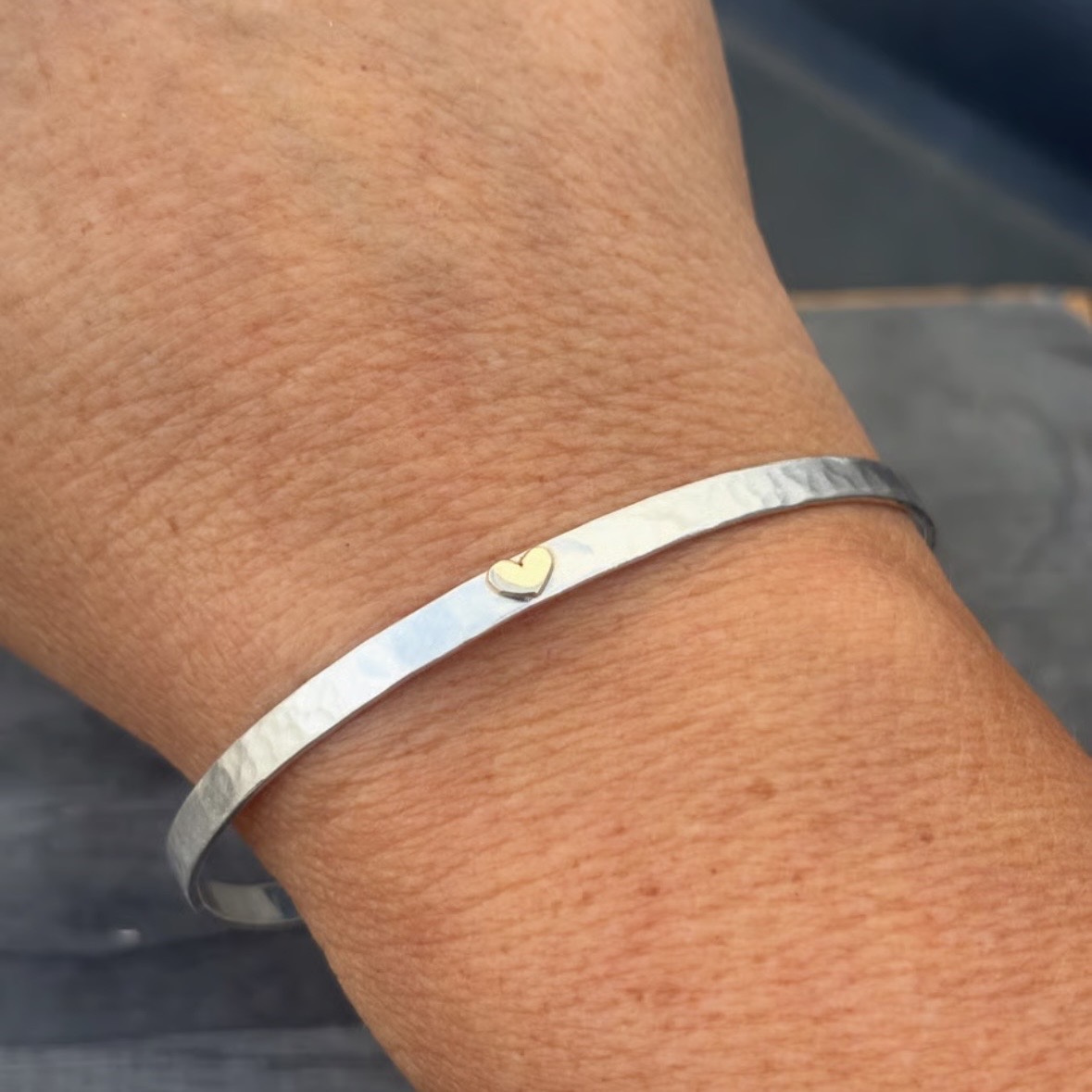 Hammered Sterling Silver with 9ct gold heart.