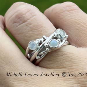 Opal and Rainbow Moonstone Ring, silver wire ring, silver bubbles ring, silver ocean ring, chunky silver ring, silver sea ring, silver waves ring,