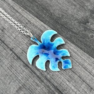 Montserrat Leaf Pendant, blue enamel pendant, sterling silver and enamel pendant,