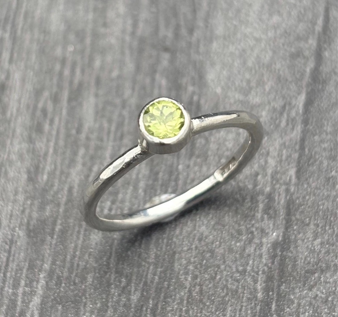 Peridot Silver Ring, Sterling silver hammered ring with birthstone.