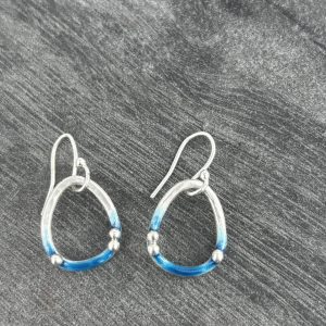 Enamel Earrings, pebble earrings, blue enamel earrings, enamel, enamel jewellery, silver and blue enamel earrings, oval wire earrings, silver bubble earrings,