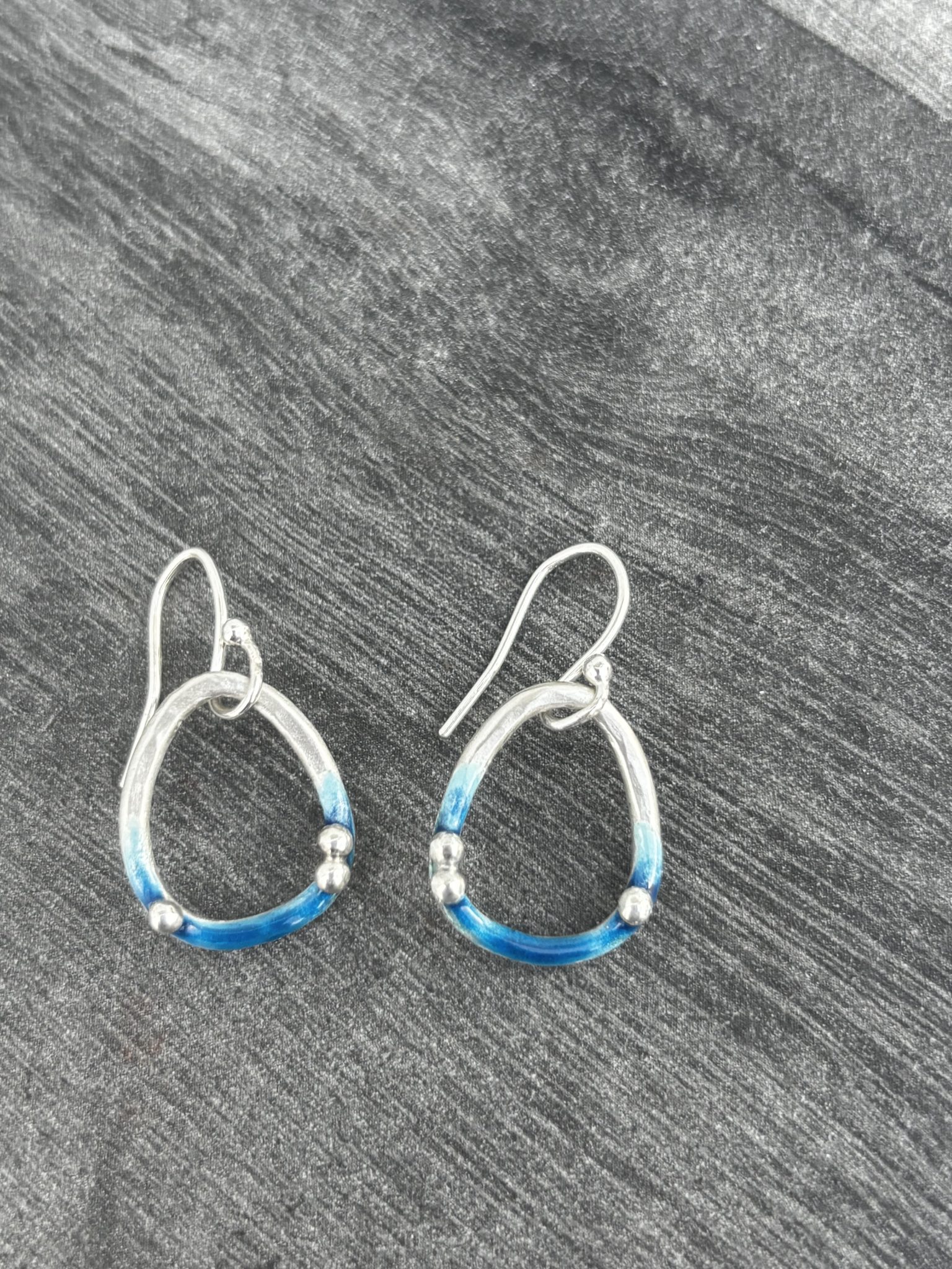 Enamel Earrings, pebble earrings, blue enamel earrings, enamel, enamel jewellery, silver and blue enamel earrings, oval wire earrings, silver bubble earrings,