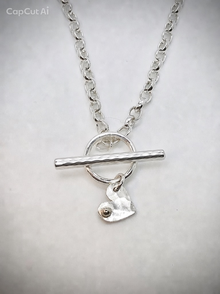 Silver fob necklace, Hammered Heart charm fob necklace