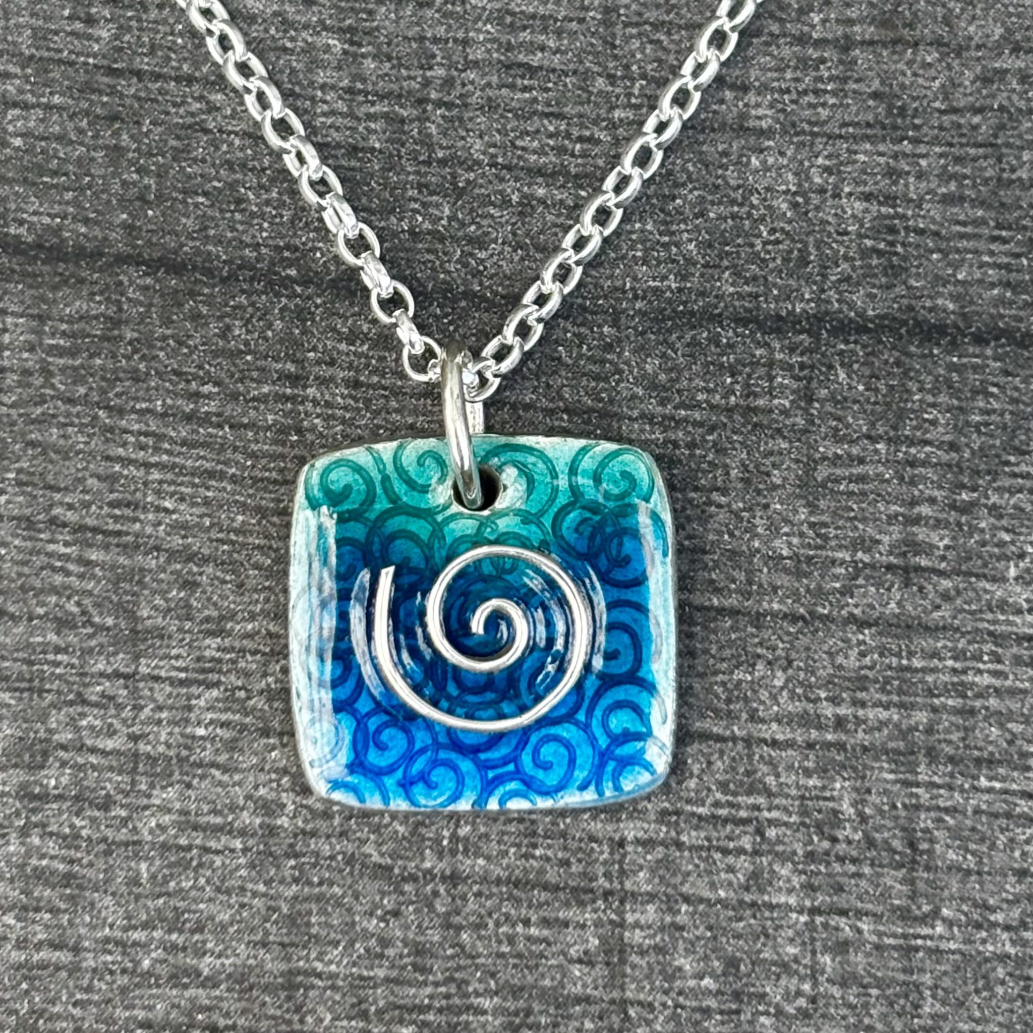 Enamel Pendant, spiral enamel pendant, enamel, enamel jewellery,enamel jewelry, blue enamel, square blue pendant, infinity pendant,