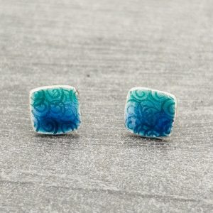 Enamel Studs, square blue studs, gift for her, enamel jewellery,