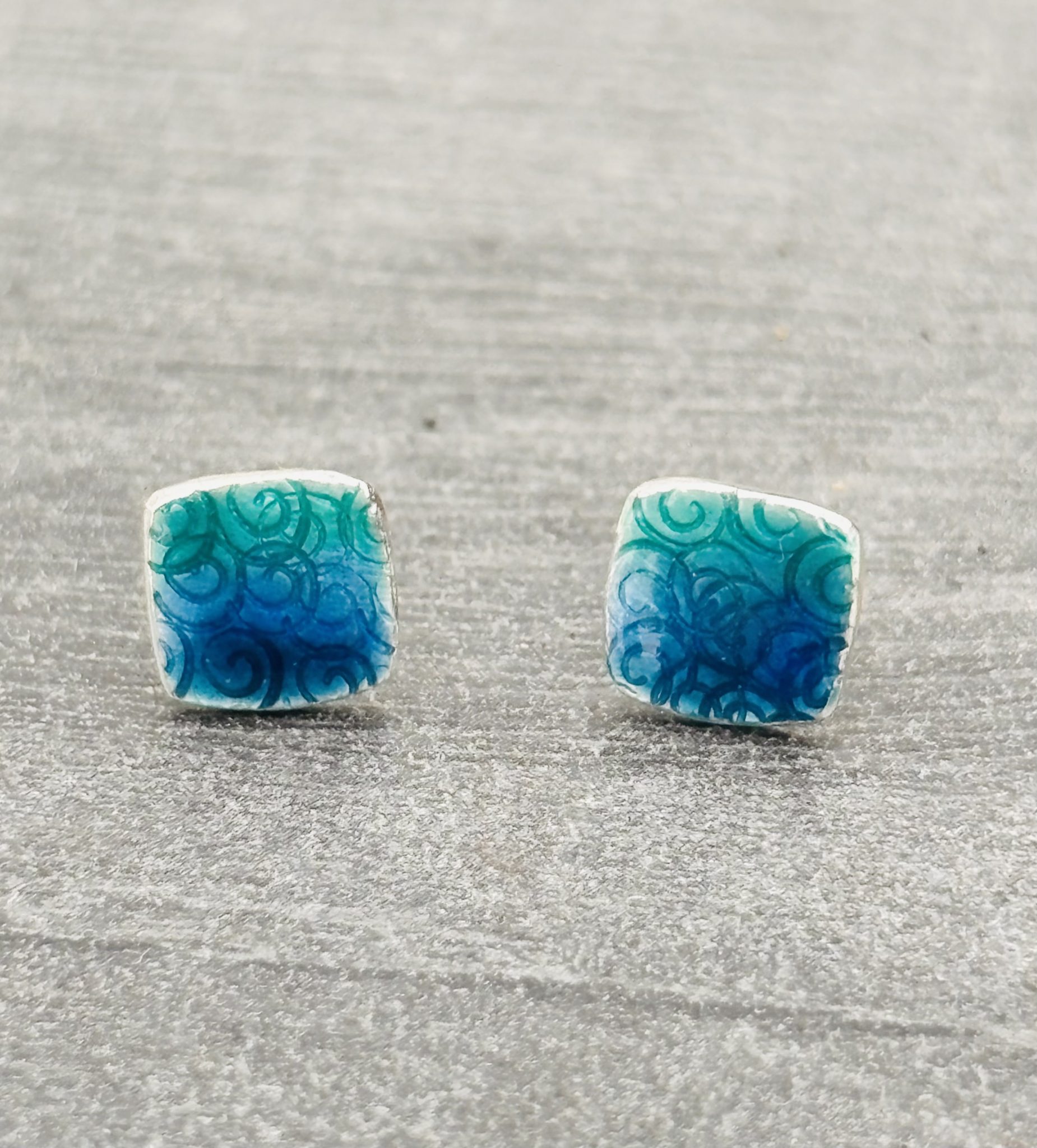 Enamel Studs, square blue studs, gift for her, enamel jewellery,