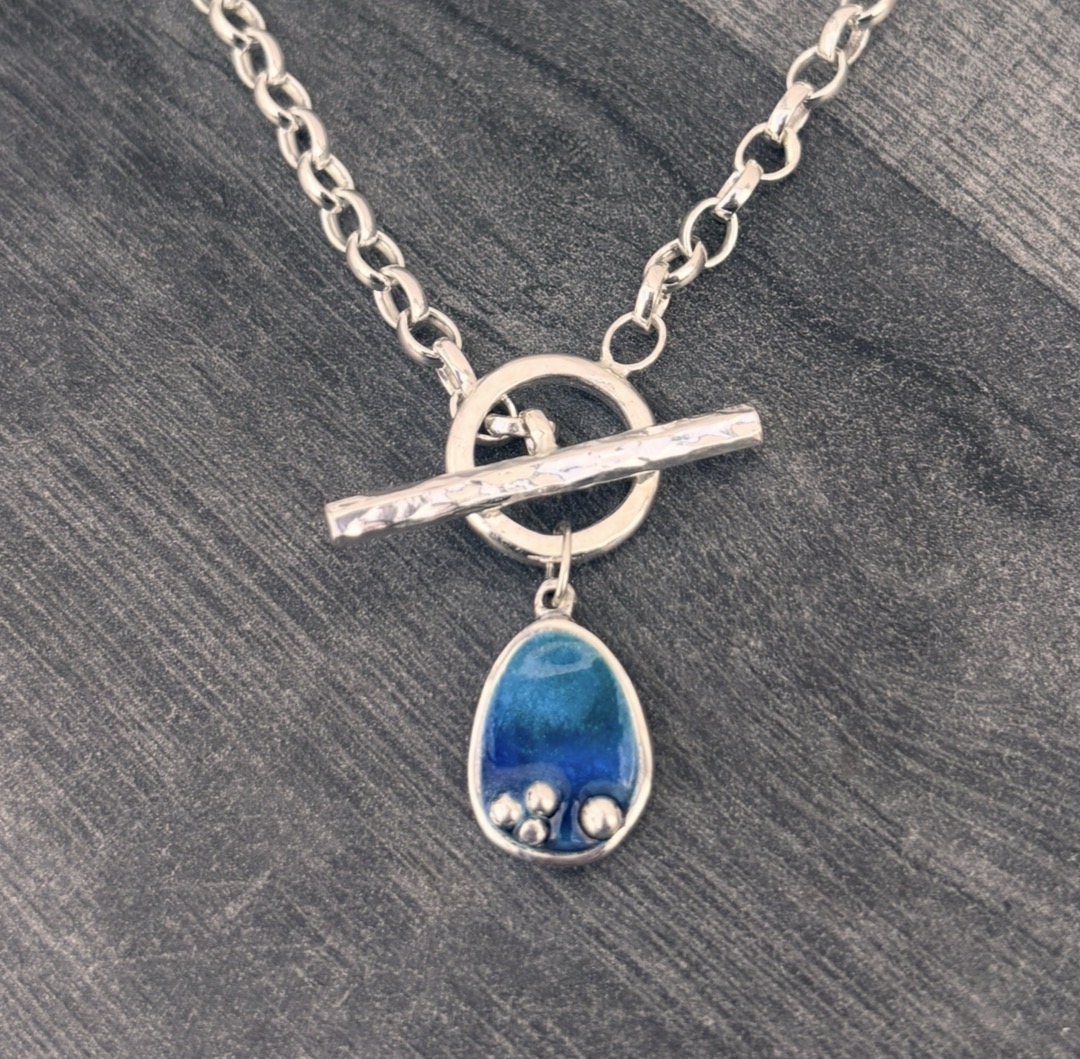 Sterling Silver Fob Necklace with Blue Enamel Charm