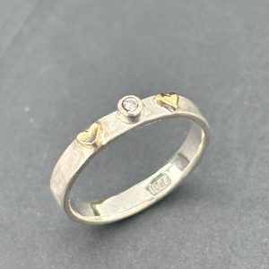 Diamond Ring, gold heart ring, hammered silver ring, gift for her, valentines gift, engagement ring, gift for girlfriend, silver and gold ring,