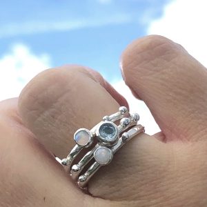 Aquamarine Stack Ring, Raindrops Stack Ring. Silver stack ring, aquamarine and Opal stack ring, 8mm wide ring, aquamarine stack ring, Opal stack ring, silver drop ring.