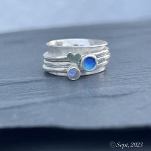 Silver Spinner Ring, silver heart spinner, rainbow moonstone spinner ring, enamel ring, enamel, ocean ring, sea ring,