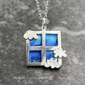 Enamel Pendant, cloud necklace, window pendant, ocean view pendant, blue enamel pendant, enamel, enamel jewellery, celestial pendant, window pendant, enamel jewelry,