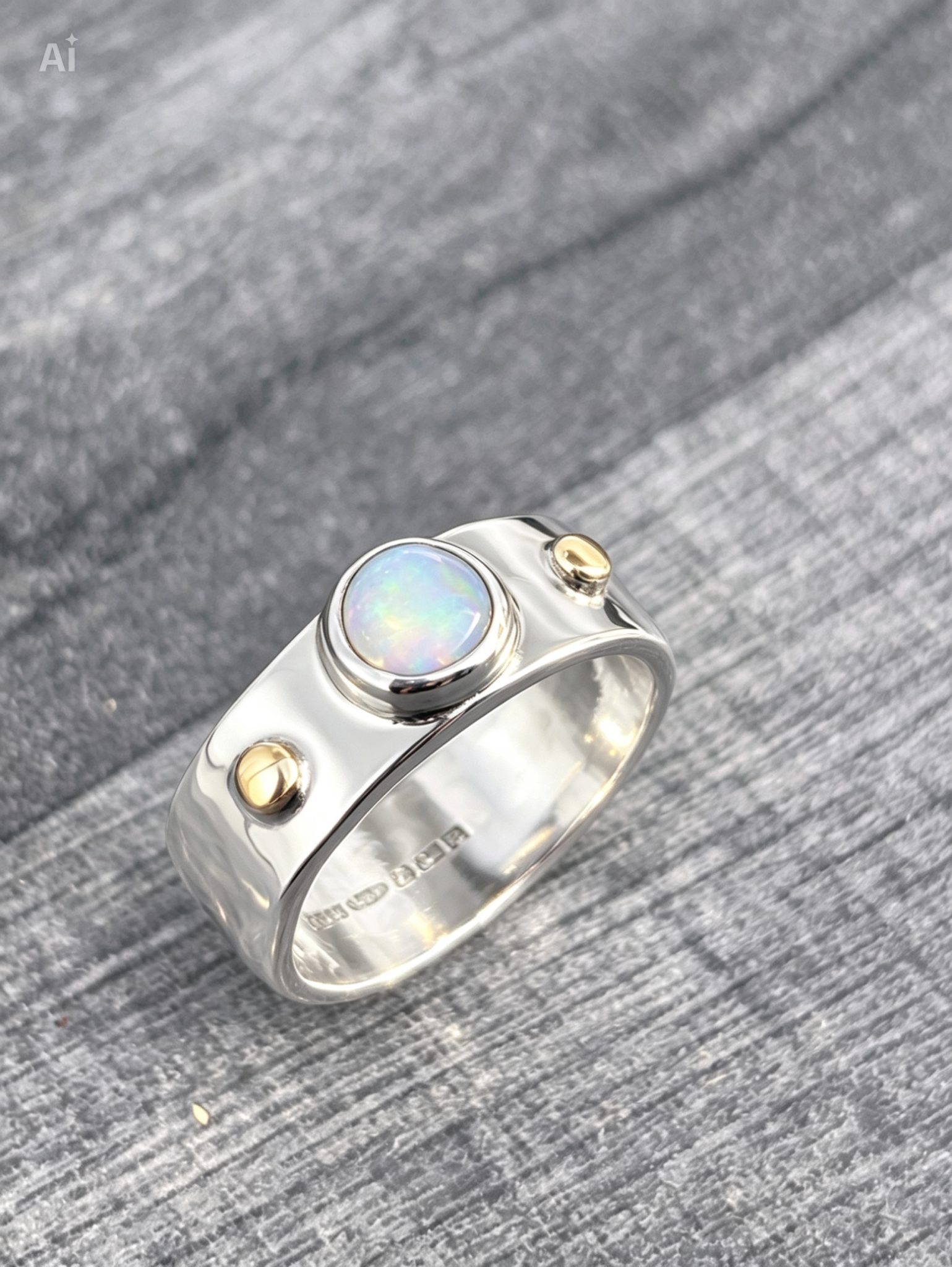 Opal Chunky Silver Ring, medieval style ring, unisex ring, silver and gold ring,