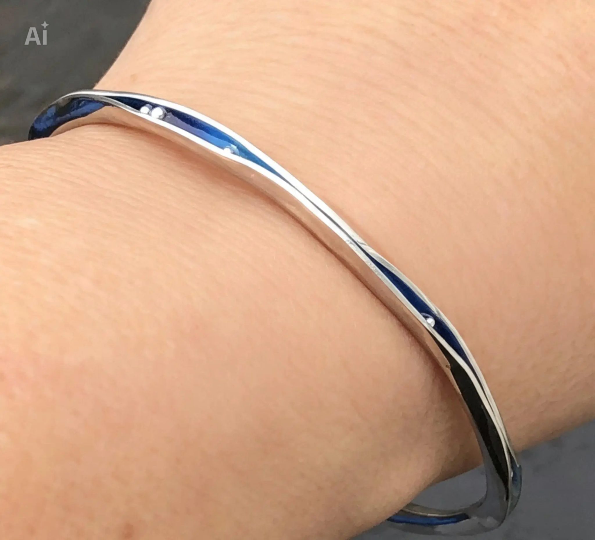 Enamel bangle, freeform bangle, blue enamel bangle, blue bangle, silver bubbles bangle, Blue Ebb & Flow Bangle. Freeform bangle, enamel bangle, sea jewellery, wave bangle, water themed jewellery, wave bangle.