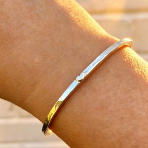 Gold Heart Cuff Bangle, open silver bangle, hammered silver bangle,
