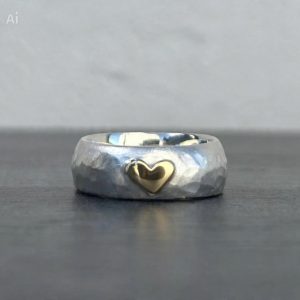 Chunky Gold Heart D Shape silver ring, hammered silver ring, chunky hammered ring, gold heart ring, gift for valentines, gift for her, gift for girlfriend, gift for wife,
