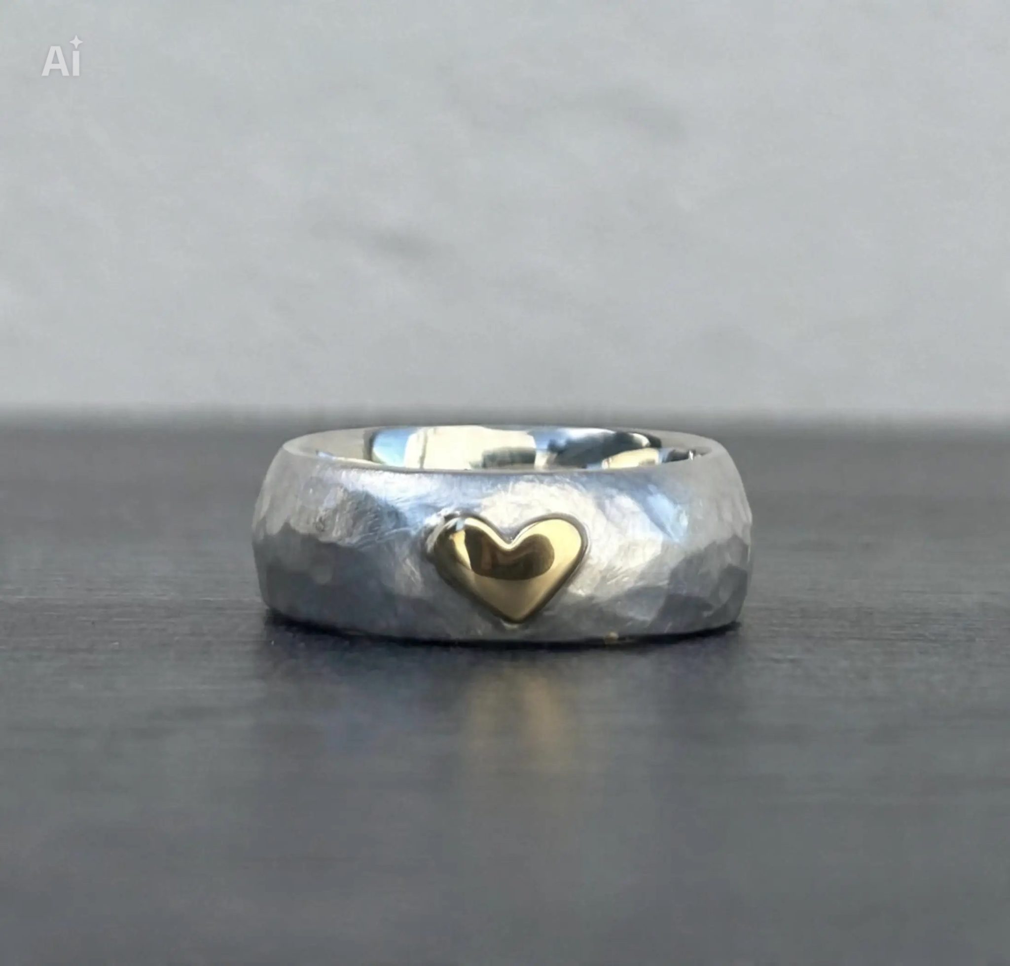 Chunky Gold Heart D Shape silver ring, hammered silver ring, chunky hammered ring, gold heart ring, gift for valentines, gift for her, gift for girlfriend, gift for wife,